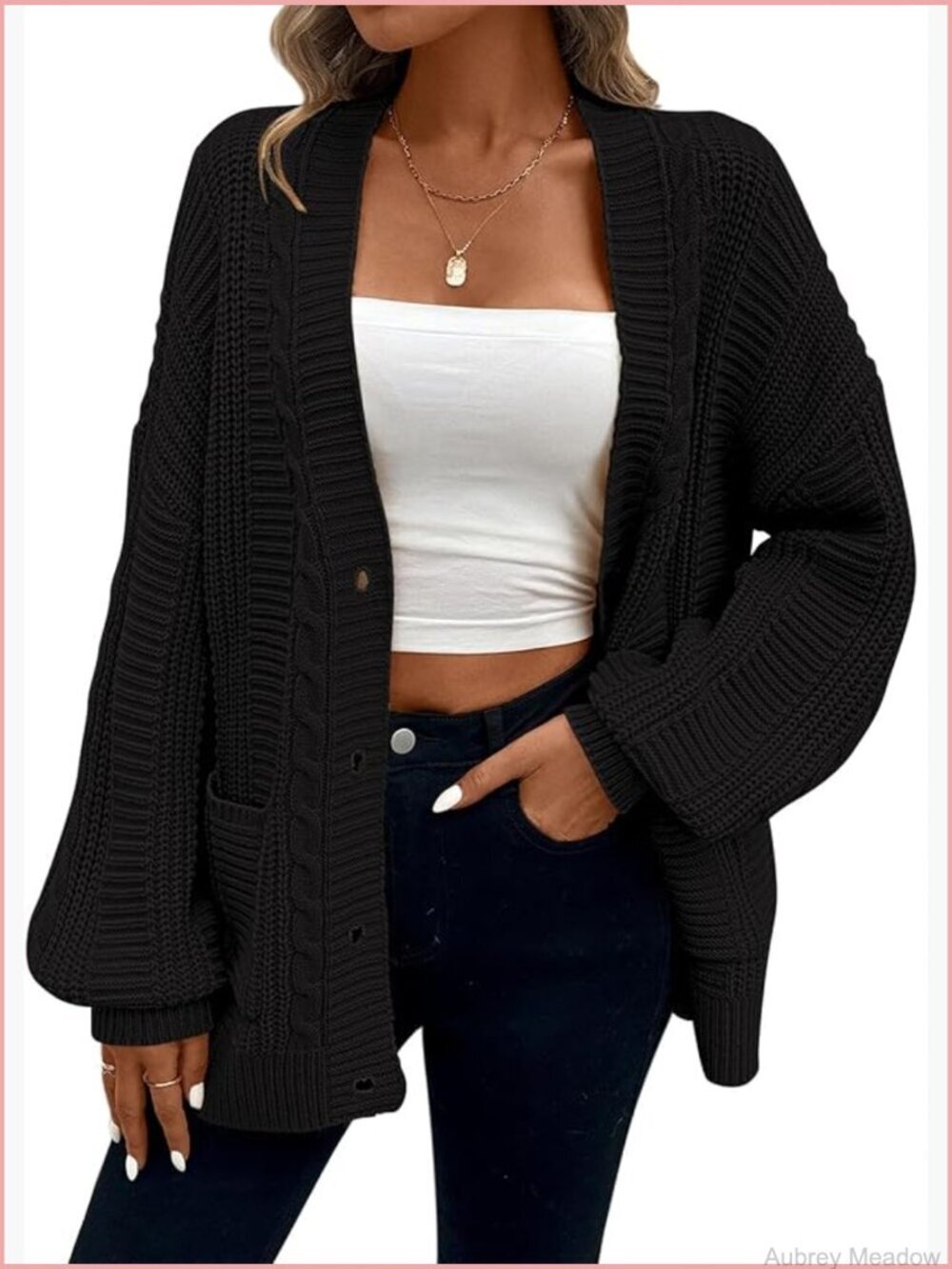 Oversized Cable Knit Cardigan Sweater Long Sleeve Open Front with Pockets